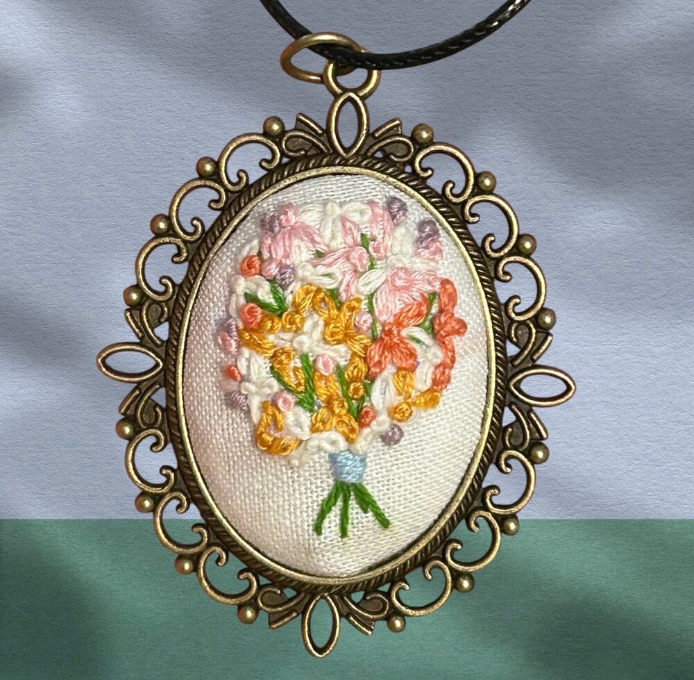 Handmade Colorful Embroidery Floral Pendant Necklace Botanical
